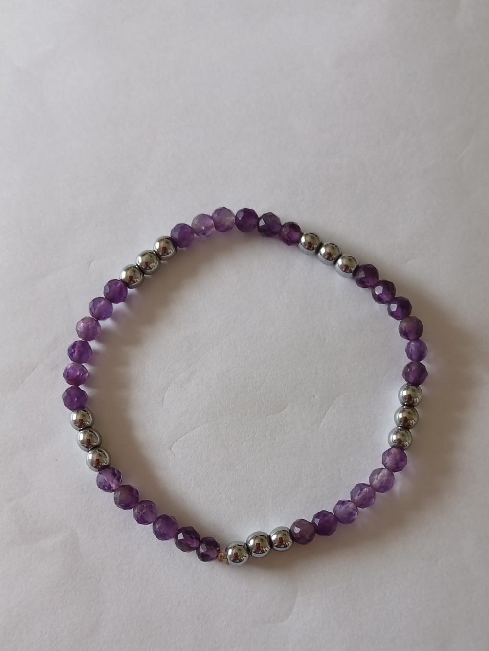 Purple Amethyst Beaded  Bracelet with  Natural Hematite  Accent Beads